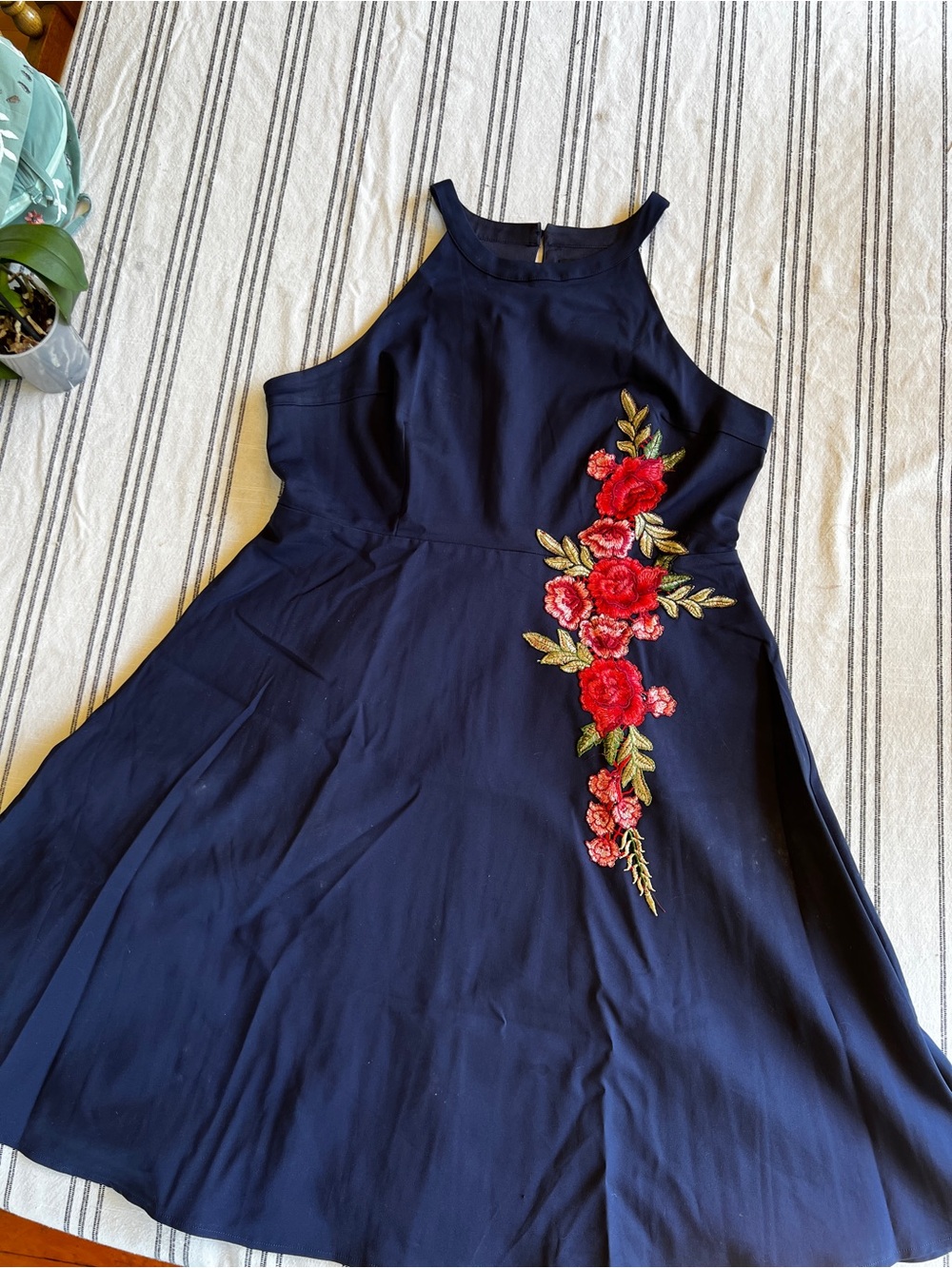 Navy Halter Midi Dress with Red Floral Applique